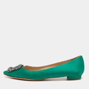 Manolo Blahnik Green Satin Hangisi Flats Size 39