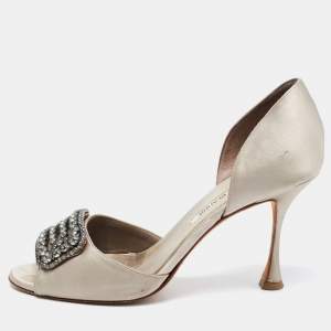 Pre Owned Manolo Blahnik Grey Satin Alicia Open Toe Pumps Size 38