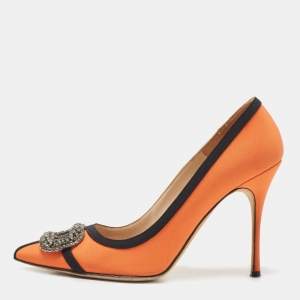 Pre Owned Manolo Blahnik Orange Fabric Gotrian Crystal Embellished Pumps Size 38.5