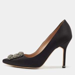 Manolo Blahnik Black Satin Hangisi Pumps Size 37.5