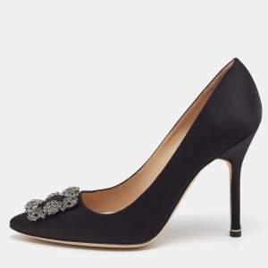 Pre Owned Manolo Blahnik Black Satin Hangisi Pumps Size 39.5