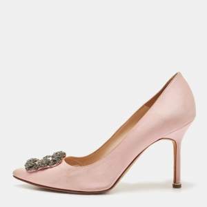 Pre Owned Manolo Blahnik Pink Satin Hangisi Pumps Size 38