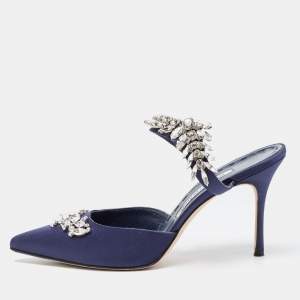 Pre Owned Manolo Blahnik Navy Blue Satin Crystal Embellished  Lurum Mules Size 39