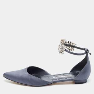 Pre Owned Manolo Blahnik Navy Blue Satin Crystal Embellished Sicaria  Ankle Strap Ballet Flats Size 39.5