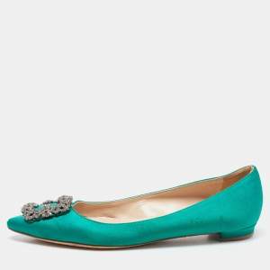 Manolo Blahnik Green Satin Hangisi Ballet Flats Size 37.5