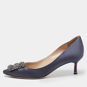 Pre Owned Manolo Blahnik Navy Blue Satin Hangisi  Pumps Size 37