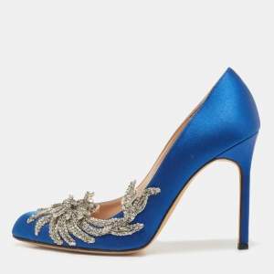 Pre Owned Manolo Blahnik Blue Satin Embellished Swan Pumps Size 38