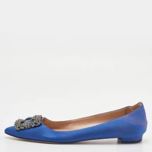 Pre Owned Manolo Blahnik Blue Satin Hangisi Ballet Flat Size 39