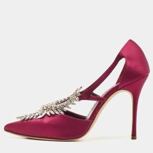 Pre Owned Manolo Blahnik Burgundy Satin Lala Pumps Size 40