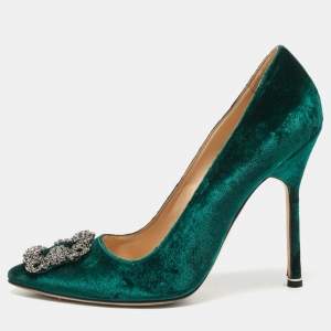 Manolo Blahnik Green Velvet Hangisi Crystal Embellished Pumps Size 39