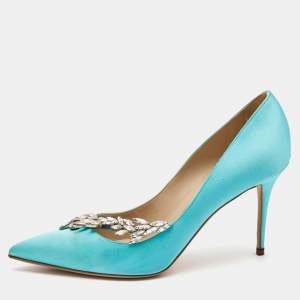 Manolo Blahnik Blue Satin Crystal Embellished Pumps Size 39