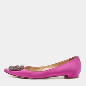 Pre Owned Manolo Blahnik Pink Satin Hangisi Ballet Flats Size 38