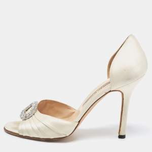 Pre Owned Manolo Blahnik White Satin Sedaraby D'orsay Pumps Size 37.5