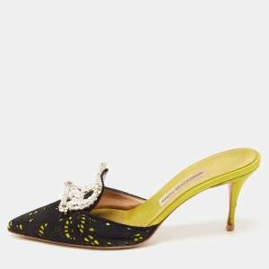 Pre Owned Manolo Blahnik Black/Green Cut Out Suede and Satin Bolri Mules Size 38
