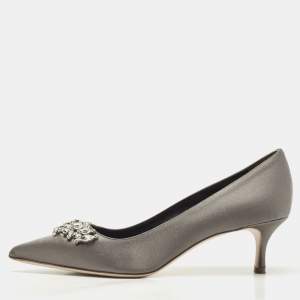 Pre Owned Manolo Blahnik Grey Satin Lurum Crystals Embellished Pumps Size 37