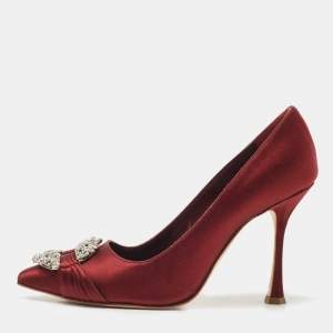 Pre Owned Manolo Blahnik Burgundy Satin Maidu Pumps Size 36.5