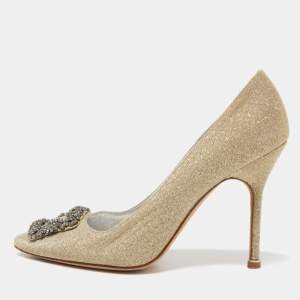 Manolo Blahnik Gold Glitter Fabric Hangisi Pumps Size 38