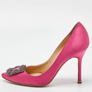 Pre Owned Manolo Blahnik Pink Satin Hangisi Pumps Size 38.5