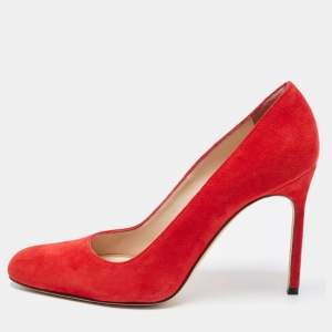 Pre Owned Manolo Blahnik  Red Suede Round Toe Pumps Size 37.5
