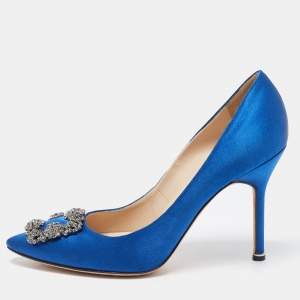 Pre Owned Manolo Blahnik Blue Satin Hangisi Crystal Embellished Pointed Toe Pumps Size 39.5