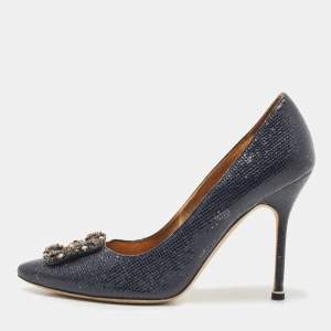 Pre Owned Manolo Blahnik Navy Blue Textured Leather Hangisi Pumps Size 39.5