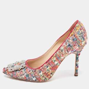 Pre Owned Manolo Blahnik Multicolor Tweed Hangisi Pumps Size 38.5