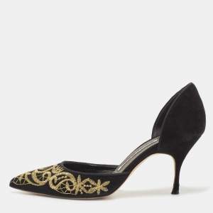 Manolo Blahnik Black Suede Embroidered Volta D'Orsay Pumps Size 37.5