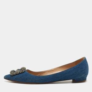 Pre Owned Manolo Blahnik Blue Denim Hangisi Embellished Pointed Toe Ballet Flats Size 40.5