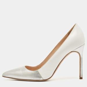 Pre Owned Manolo Blahnik Silver/White Leather  BB Pointed Toe  Pumps Size 36.5