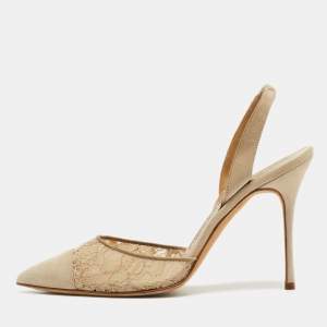 Pre Owned Manolo Blahnik Beige Suede and Lace Carolyne Slingback Pumps Size 37