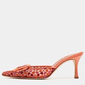 Pre Owned Manolo Blahnik Tricolor Embroidered Fabric Maysale Mules Size 38