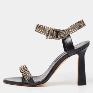 Manolo Blahnik Black Leather Bashifa Ankle Strap Sandals Size 36