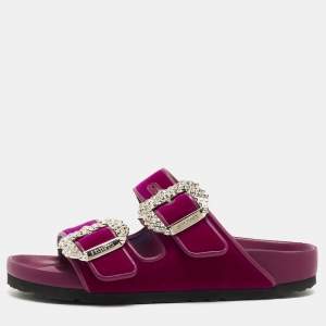 Pre Owned Manolo Blahnik x Birkenstock Purple Velvet Crystal Embellished Arizona Slides Size 36