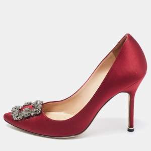 Manolo Blahnik Burgundy Satin Hangisi Pumps Size 38