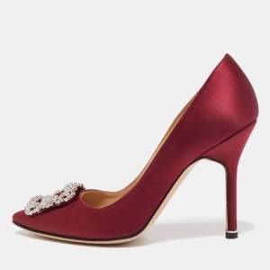 Pre Owned Manolo Blahnik Burgundy Satin Hangisi Pumps Size 37