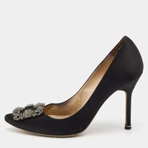 Pre Owned Manolo Blahnik Black Satin Hangisi Pumps Size 38
