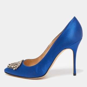 Pre Owned Manolo Blahnik Blue Satin Okkato Pumps Size 39.5