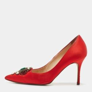 Pre Owned Manolo Blahnik Red Satin Leona Pumps Size 39