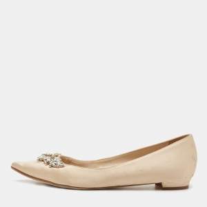 Pre Owned Manolo Blahnik Beige Satin Lurum Ballet Flats Size 37