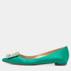 Pre Owned Manolo Blahnik Green Satin Hangisi Crystal Embellished Ballet Flats Size 36.5