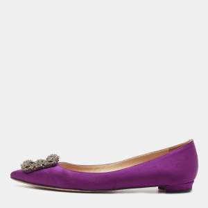 Pre Owned Manolo Blahnik Purple Satin Hangisi Ballet Flats Size 37.5