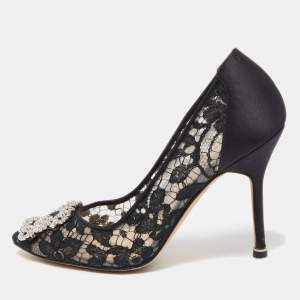 Pre Owned Manolo Blahnik Black Lace And Mesh Hangisi Pumps Size 37
