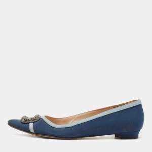 Pre Owned Manolo Blahnik Blue Satin Gotrian Crystal Embellished Pointed Toe Ballet Flats Size 40.5