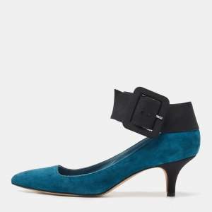 Pre Owned Manolo Blahnik Teal Blue/Black Suede and Fabric Ankle Strap Pumps Size 38.5
