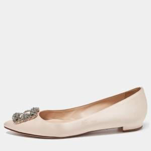 Pre Owned Manolo Blahnik Beige Satin Hangisi Ballet Flats Size 39.5