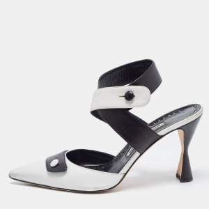 Manolo Blahnik White/Black Leather Ankle Wrap Pumps Size 38