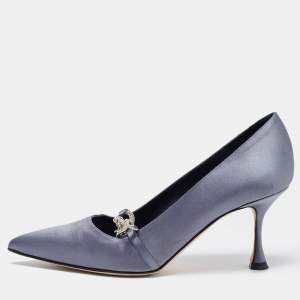 Pre Owned Manolo Blahnik Grey Satin Crystal Embellished Mary Jane Pointed Toe Pumps Size 38.5