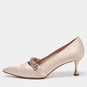 Pre Owned Manolo Blahnik Beige Satin Crystal Embellished Mary Jane Pointed Toe Pumps Size 38.5
