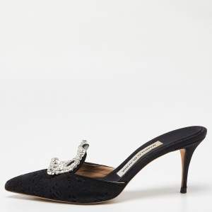 Pre Owned Manolo Blahnik Black Laser Cut Suede Crystal Embellished Borli Mules Size 36