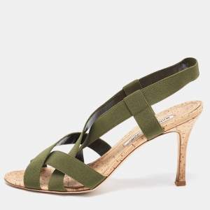 Pre Owned Manolo Blahnik Green Elastic Cork Strappy Sandals Size 39